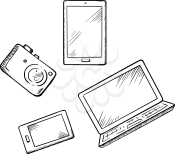 Sketch of modern smartphone, tablet pc, laptop and digital photo camera, for electronic devices theme design