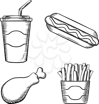 Fast food french fries in paper box, hot dog with ketchup, fried chicken leg and sweet soda in takeaway cup with drinking straw. Sketch images