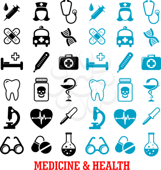 Medicine and health icons set with black and blue silhouettes of hospital and pharmacy signs, nurse, ambulance, first aid box, pills, syringe, stethoscope, heart ecg, tooth, glasses, dna, microscope