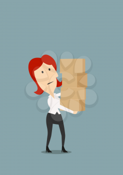 Tired redhead businesswoman carrying stack of cardboard boxes, for overload or delivery concept theme, flat style