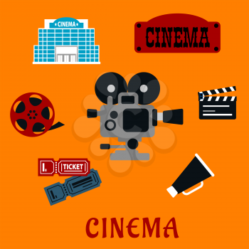 Movie production and cinema flat icons with film reel, clapboard, retro signboard and modern cinema building, tickets, megaphone and movie camera