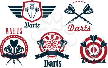 Darts game emblems and icons showing arrows on dartboard and heraldic shield, decorated by crown, stars, wings and ribbon
