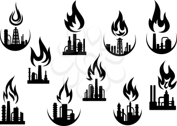 Petroleum refinery and chemical industrial plant icons set with silhouettes of flare stacks, pipes and flames above them, for oil and gas industry theme