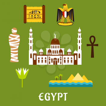 Egypt travel flat icons with Cairo mosque, pharaoh mummy, desert landscape with pyramids and sea, sacred lotus flower, papyrus with hieroglyphics, eagle emblem and ankh symbol 