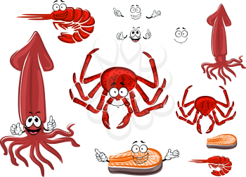 Fresh cartoon red crab, shrimp, salmon steak and squid characters with funny smiling faces, for seafood menu or healthy food themes