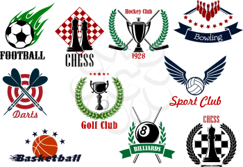 Sporting emblems for competitions in football or soccer, basketball, hockey, volleyball, golf, billiards, bowling, darts and chess with game items, wreaths and ribbon banners