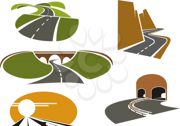 Mountain and rural roads, underpass highways with tunnels and bridge, modern freeway with medium barrier icons, for travel or transportation design