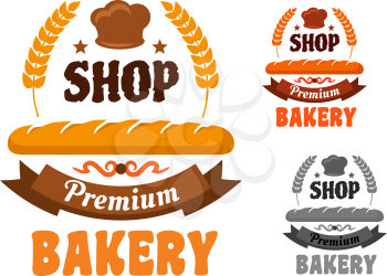 Premium bakery or pastry shop icon with french baguette and baker hat, framed by wheat with stars and ribbon banner 