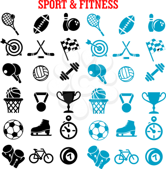 Sport and fitness icons set with silhouettes of sport balls and items, trophy cup, bicycle, racing flag, ice skate, boxing glove, stopwatch, dumbbell and medal