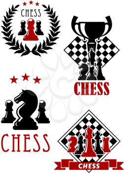 Chess tournament icons and emblems with king, queen, rook, bishop and pawn pieces with chessboard and trophy cup, adorned by stars, wreath and ribbon banner