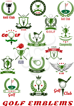 Golf sport icons and symbols set with balls, clubs, trophy cups and holes with flags, supplemented by heraldic shields, wreaths and ribbon banners with stars, wings, crown and cap