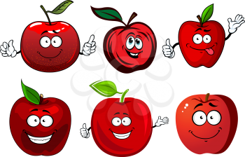 Crunchy juicy red apple fruits cartoon characters with green stems and leaves, for agriculture and food themes design