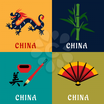 China tradition and culture flat icons with long dragon, green bamboo stem, bright folding fan and hieroglyph with ink and brush. Travel theme design