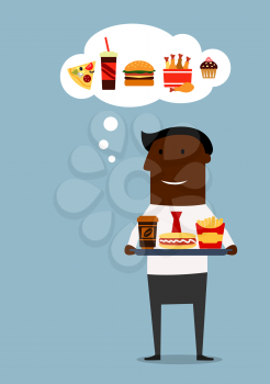 Black businessman holding a tray with coffee, hot dog and french fries and want to buy burger, pizza, fried chicken and cake. Cartoon flat style