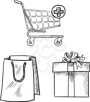 Shopping cart with add button, paper shopping bag and gift box with ribbon bow. Sketch symbols for shopping and commerce design