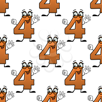 Seamless pattern with cartoon number four with orange digits on white background, for kids birthday party design