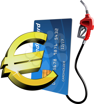 Blue bank credit card with gasoline pump nozzle and golden euro currency sign, for gas and oil industry concept. Isolated on white