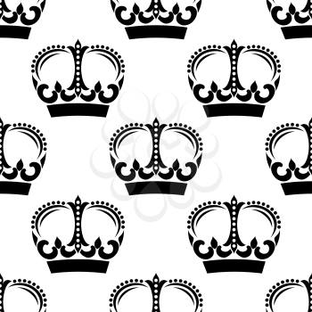 Black and white vintage crowns seamless pattern with victorian ornament and floral elements, for heraldry theme design