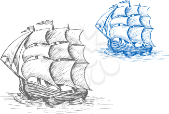 Old sailing ship sketch with billowing sails and flags in stormy waves, for marine adventure or nautical design
