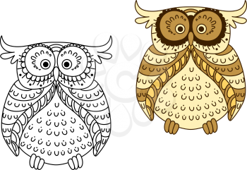 Funny cartoon yellow owl with brown striped wings and facial disk, for Halloween party or t-shirt design