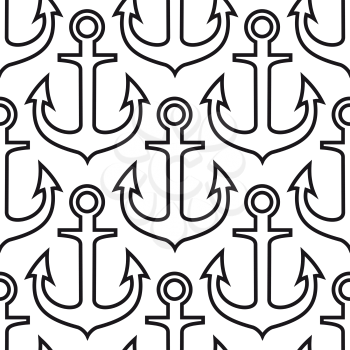 Retro black marine anchors seamless pattern on white background in outline style, for nautical adventure or travel theme design