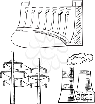 Hydro power plant with dam, thermal power plant with cooling towers and high voltage power line towers. Sketch icons for  industry theme design