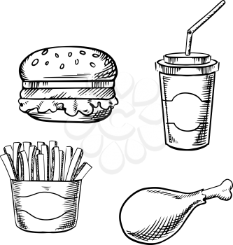 Fast food hamburger with fresh vegetables, paper soda cup with drinking straw, french fries in takeaway box and fried chicken leg. Sketch images