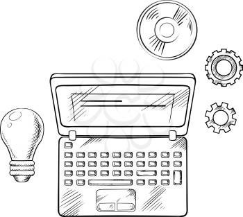 Sketch of open laptop computer with idea light bulb, gear wheels and cd, for e-learning technology concept.
