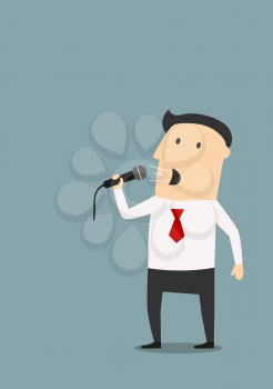 Cartoon businessman giving a speech with microphone on presentation, meeting or public performance 