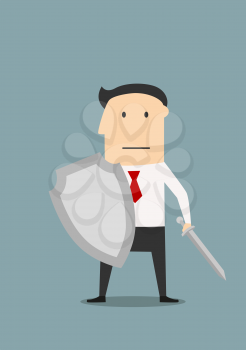 Strong businessman with medieval sword and shield, protects business from risks or business confrontation. Cartoon style