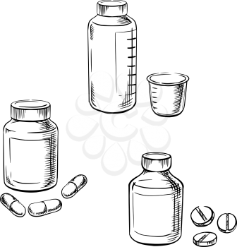 Medical bottles with pills, capsules and cough syrup with measuring cup, for healthcare and medical theme. Sketch style