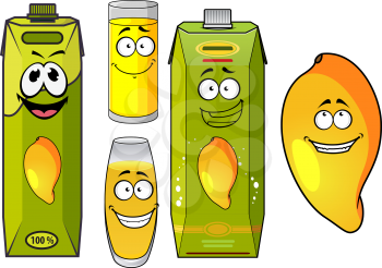 Tropical mango juice cartoon characters with funny smiling yellow mango fruit, green juice packs and glasses. Isolated on white