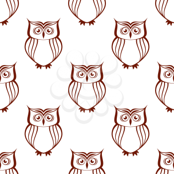 Brown and white owl silhouette seamless pattern with watchful birds
