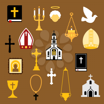 Religious flat icons with bible books, crosses, chalice, rosary, church or temple building, angel, white dove, icon, mitres and candelabras