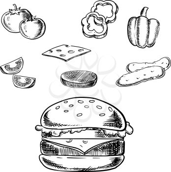 Cheeseburger sketch with grilled patty, cheese, fresh tomatoes, cucumbers, bell pepper vegetables and wheat bun with sesame. 