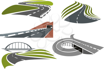 Winding roads among green fields, freeway with railroad bridge, highway interchange with ramp and mountainside road with tunnel, for transportation theme design