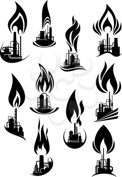Industrial plants black silhouettes icons with pipeline, storage tanks and chimneys with powerful flames, for oil and gas industry  design