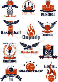 Basketball club or championship emblems and icons with balls, trophies, backboards with baskets, court and winged shoes, supplemented by wings, flames, stars, wreath and ribbon banners