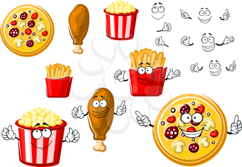 Joyful cartoon fast food pizza, fried chicken leg, french fries box and striped bucket of popcorn, for fastfood or takeaway menu theme