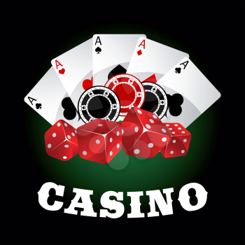 Casino icons with glossy red dices, gambling chips and winning combination of poker aces on the background. For gambling industry theme design