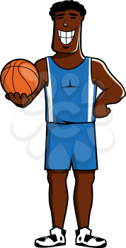 Happy cartoon african american basketball player character in blue uniform shorts and tank top with ball in hand, for sport theme design