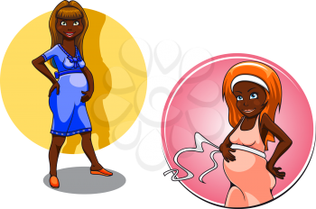 Cartoon pregnant african american women in colorful comfortable dresses, caresses bellies with happy smiles, for pregnancy or baby shower theme design