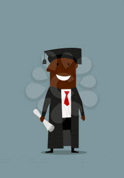 Joyful cartoon african american businessman in graduation gown and cap with diploma in hand, for education or career design