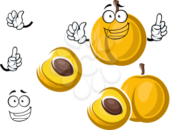 Bright yellow sweet apricot fruit cartoon character with juicy aroma flesh and brown seed, showing attention gesture with happy smile, for healthy vegetarian food design