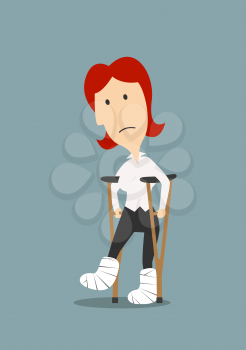 Sad injured businesswoman leans on wooden crutches with plaster casts on broken legs, for health insurance, healthcare or broken business concept design. Cartoon style