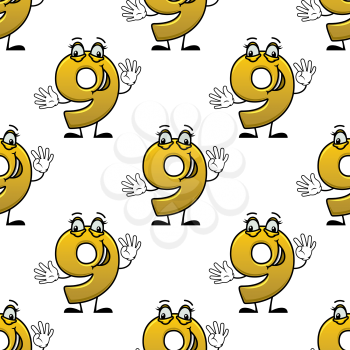 Seamless pattern with funny number nine cartoon characters, shows nine fingers. On white background, for education or birthday party theme
