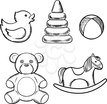 Bear, rubber duck, ball, pyramid and rocking horse toys sketches for childish design