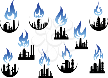 Silhouettes of petroleum refineries, natural gas processing and chemical plants icons set with ornamental blue flame above their pipes, for oil industry themes design