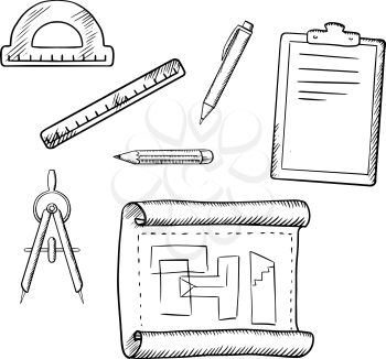 Architect drawing, compasses, pencil, pen, ruler, half circle protractor and clipboard sketch icons