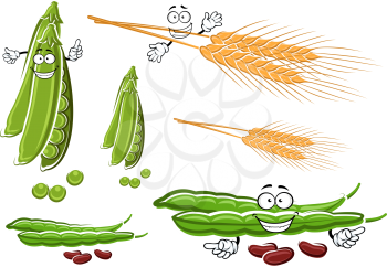 Fresh healthy farm green pea pods, common bean vegetables with seeds and ripe wheat ears cartoon characters, for agriculture or vegetarian food design